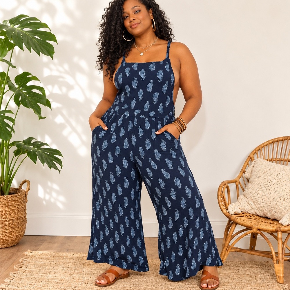 Earthbound Paisley Wide Leg Boho Festival Rayon Overalls Romper Navy Large